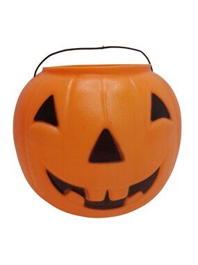 VTG Orange Plastic Halloween Pumpkin Bucket Trick or Treat Jack O Lantern Handle